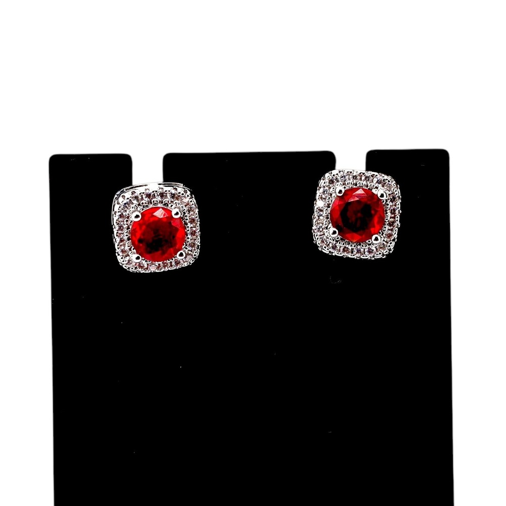 Swarovski Elements Red Crystal Cushion Pavé Halo Stud Earrings Silver Tone New